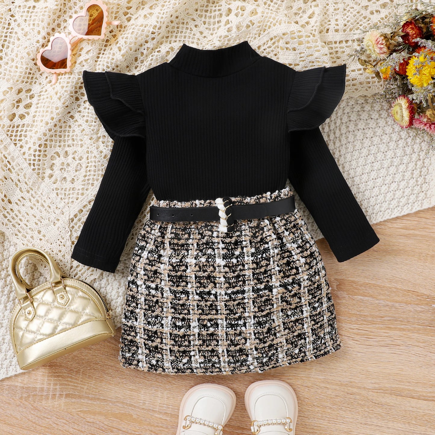 3PCS Autumn Baby Girls 0-5 Years Old Soft And Comfortable Black Pit Strip High Neck Top + Plaid Shorts + Belt Fashion Suit