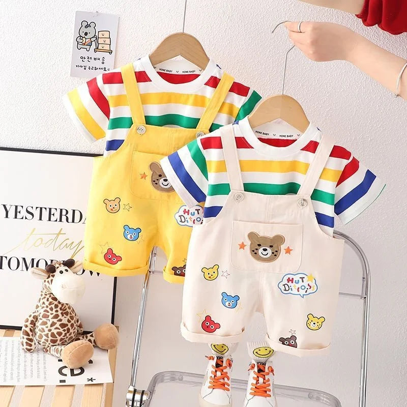 New Summer Baby Girl Clothes Suit Children Boys Fashion Striped T-Shirt Overalls 2Pcs/Set Toddler Casual Costume Kids Tracksuits