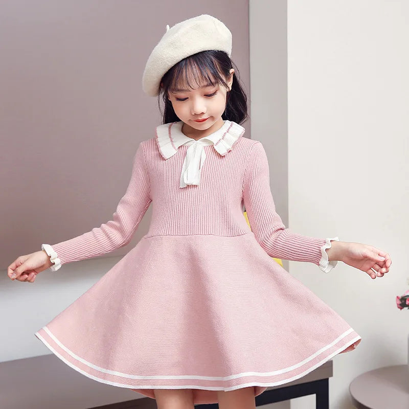 Autumn children warm Sweater dress for girls infant casual pure color Pleated princess dress Baby girl winter knitted dress