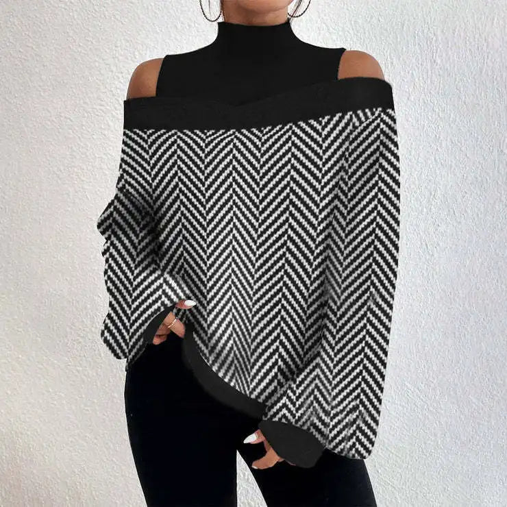 2024Ladies Long Sleeve Turtleneck Tops Women Sexy Off Shoulder Hollow Out Loose Printing T-shirt 2024 Autumn Fashion T-shirt Top