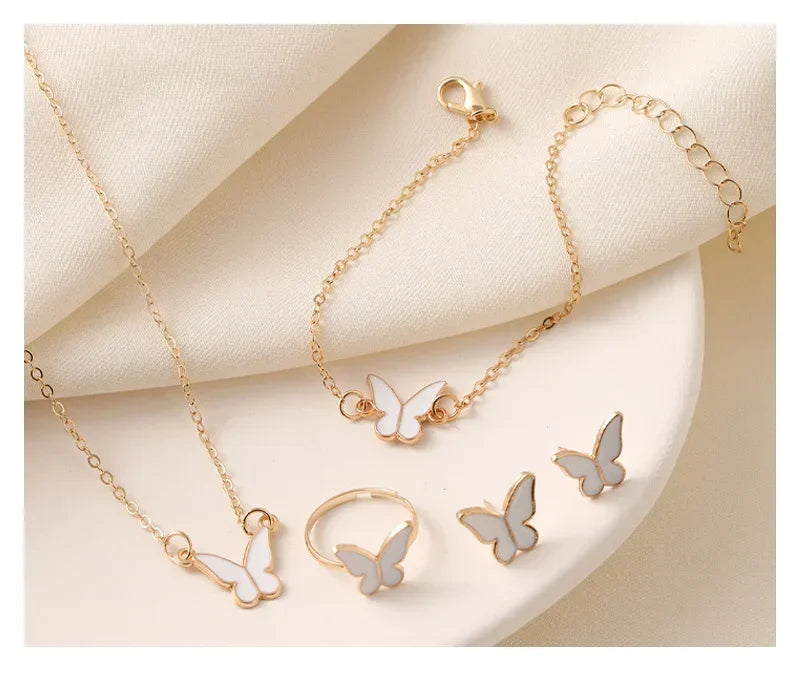 New Personalized Butterfly Glazed Bracelet Ring Necklace Earring, Exquisite Small and Fashionableand High Sense Collar Chain Set