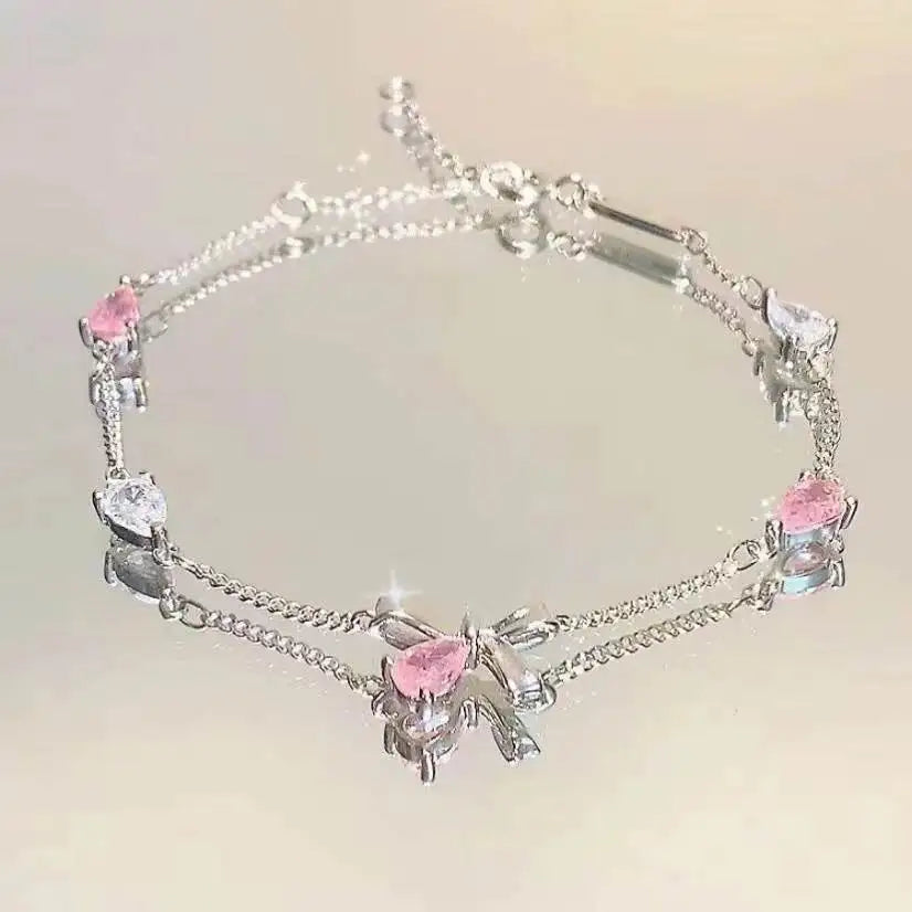 Shiny Pink Crystal Cherry Blossom Bracelets For Women Girls Sweet Moon Bow Flowers Zircon Bracelet Party Aesthetic Egirl Jewelry