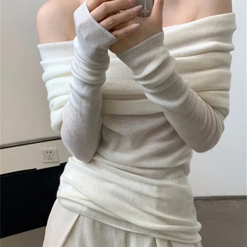 Women Long Sleeve Knitwear Solid Off Shoulder Autumn Thin Pullovers Slash Neck Sweater For Women Office Elegant Tops 2023