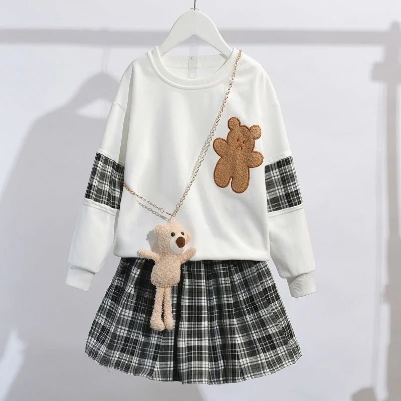 3-14 Years Teenager Girls Outfits Cute Bear Sweatshirt + Plaid Skirt 2Pcs Suit For Girls Birthday Present Children Clothing Sets