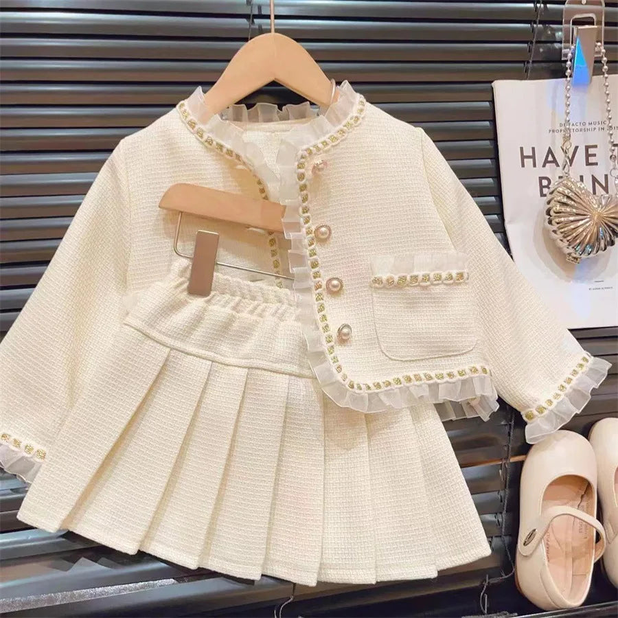 New Childrens Clothing 2024 Spring and Autumn Collection Girls Lace Jacket Short Skirt Fashionable Two-piece Set