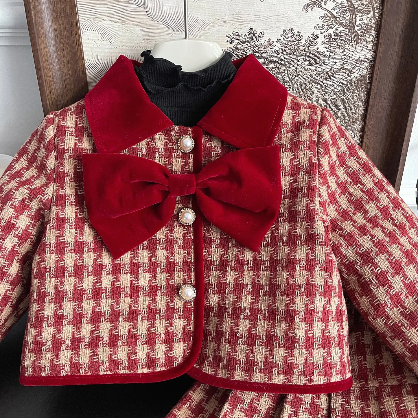 2024 Winter New Korean Edition Girls Red Grid Bow Set Baby Cotton Two Piece Set Toddler Girl Designable Gentle Clothes