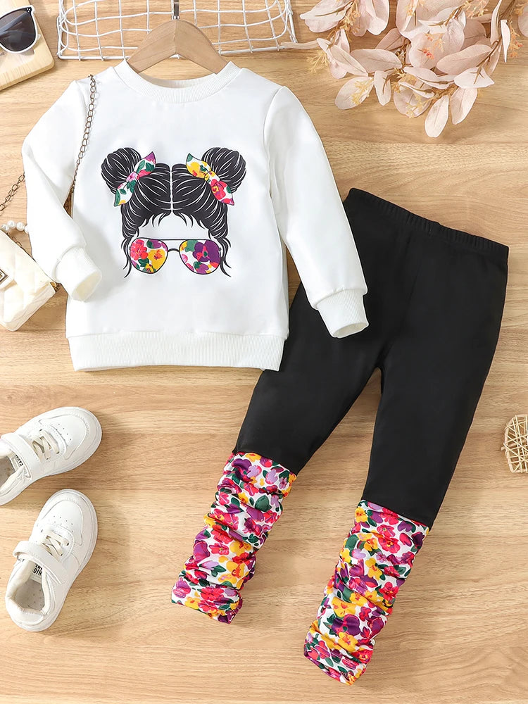 Two-piece set for girls in autum portrait print round neck long-sleeved sweatshirt pure color stitching pleated printed pants suit