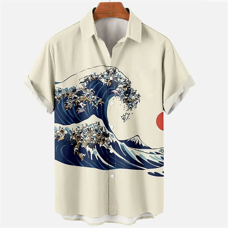 Japanese Sea Ocean Wave Graphic Shirt Men Kids 3D Print Vintage  Hawaiian Beach Shirts Short Sleeve Women Lapel Tops Clothing