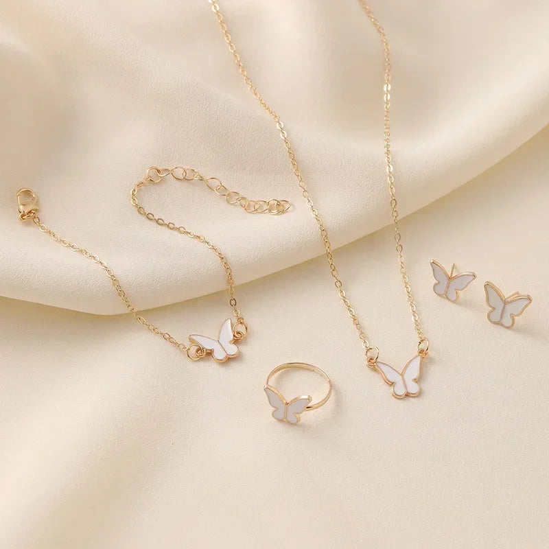 4Pcs Butterfly Jewelry Sets Pink White Romantic Bracelet Ring Necklace Earrings Set Wedding Dress Accessories Women Xmas Gift