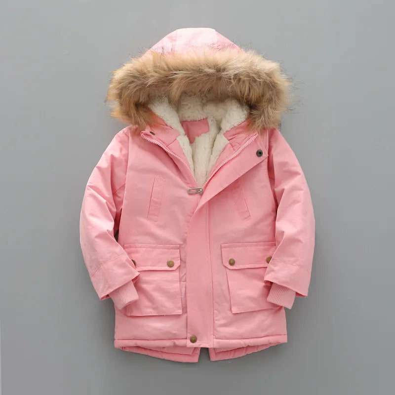 2 3 4 5 6 7 Year Winter Boys Jacket Windbreaker Keep Warm Thicken Fur Collar Girls Coat Hooded Children's Outerwear Kids Clothes