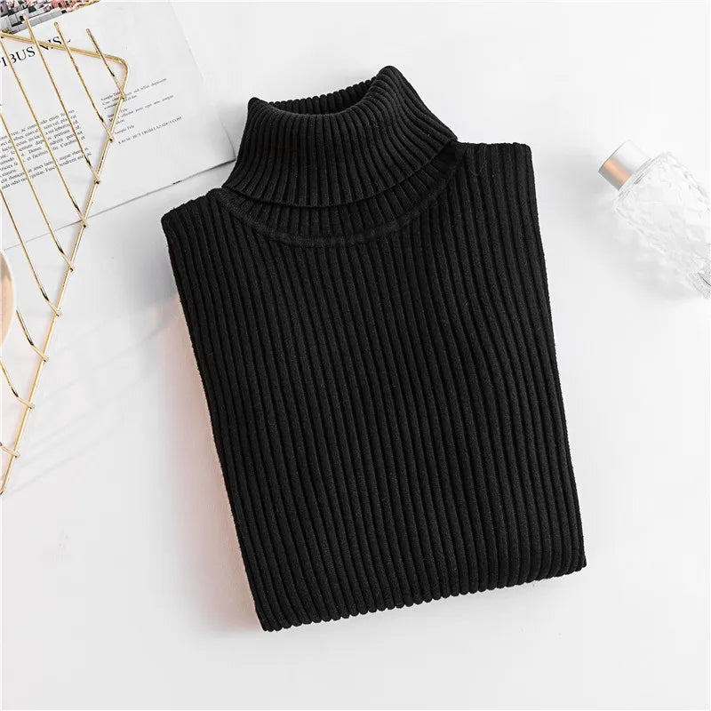 2024 Autumn Winter Women Knit Solid Turtleneck Pull Sweater Casual Rib Jumper Tops Female Home Pullover Y2K Clothing