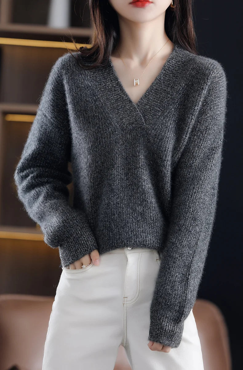 V-Neck Autumn Winter Sweater pullovers Women 2024 loose thick cashmere Sweater Pullover women oversize sweater jumper