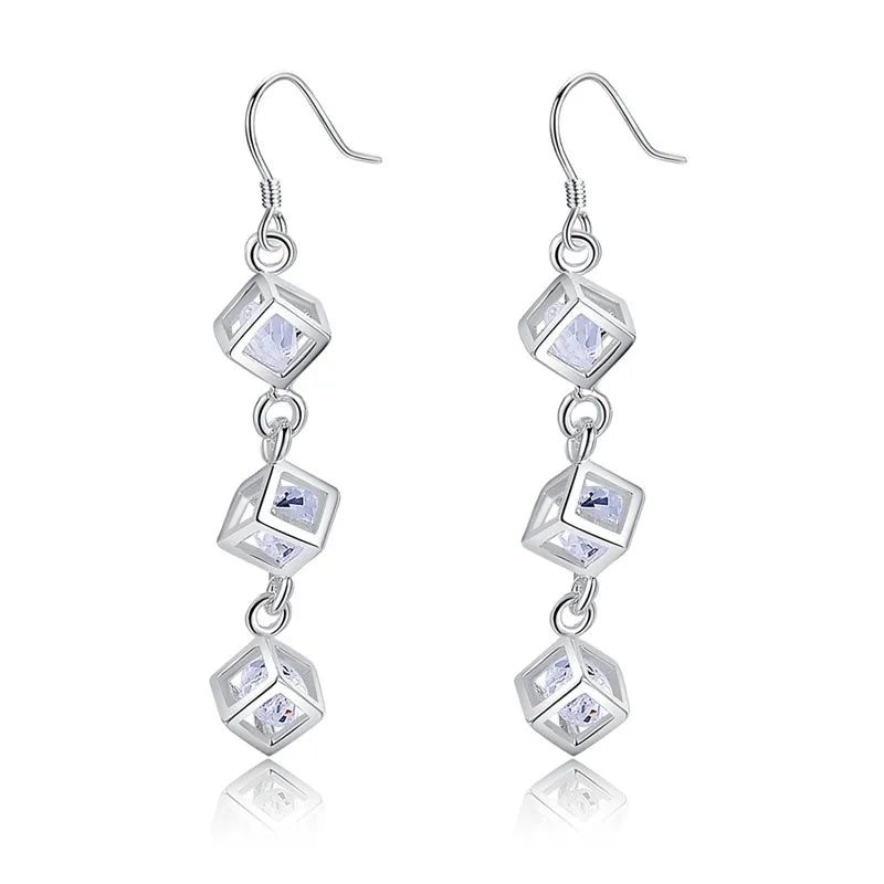 925 Sterling Silver Earrings Fashion Jewelry Elegant Woman Crystal Lattice Drop Long Earrings Trendsetter Christmas Gifts