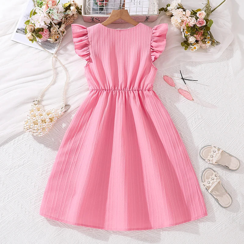 Kids Dresses for Girls 8-12 Years Pink Small Flying Sleeves V-Neck Dress 2024 New Summer Teenager Sweet Casual Daily Dress