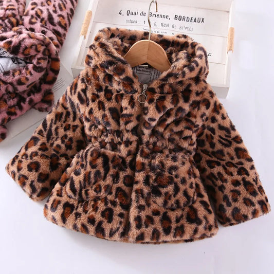 Autumn Winter Plush Baby Girls Jacket Fashion Leopard Print Warm Faux Fur Coat For Girls Hooded Outerwear 2-8 Years Kids Clothes