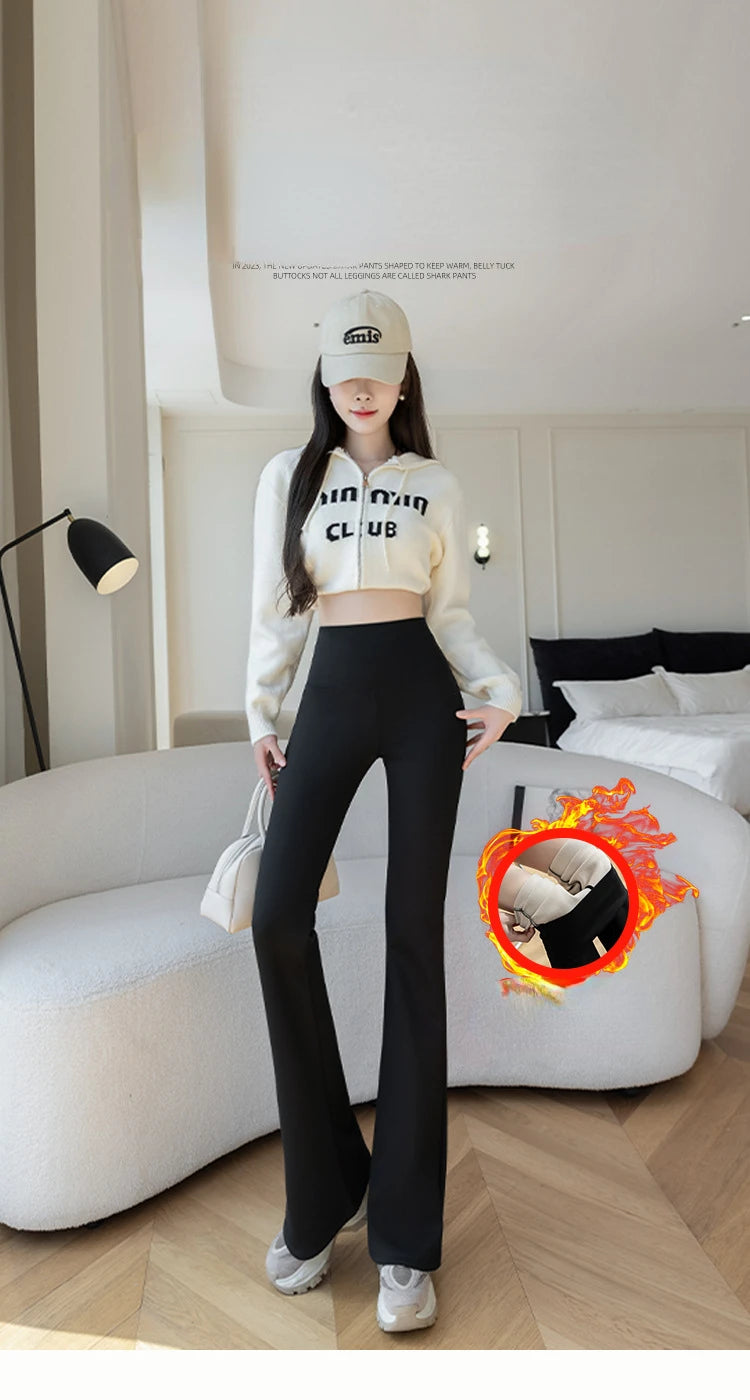 Autumn Winter High Waist Flared Shark Pants Women Adding Velvet and Thicken Leggings Stretchy Hip Liftting Sports Casual Pants