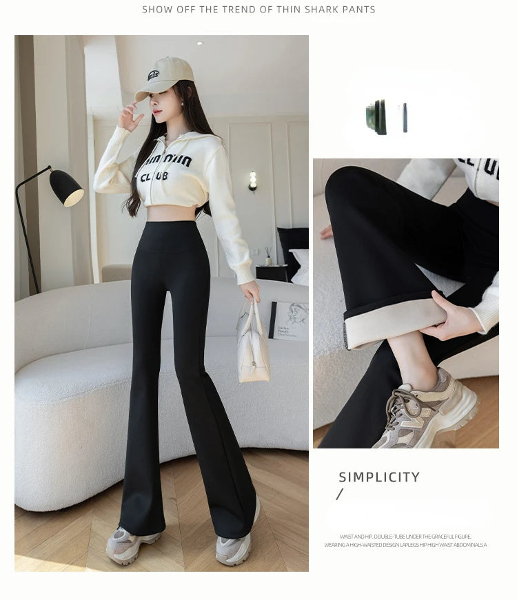 Autumn Winter High Waist Flared Shark Pants Women Adding Velvet and Thicken Leggings Stretchy Hip Liftting Sports Casual Pants