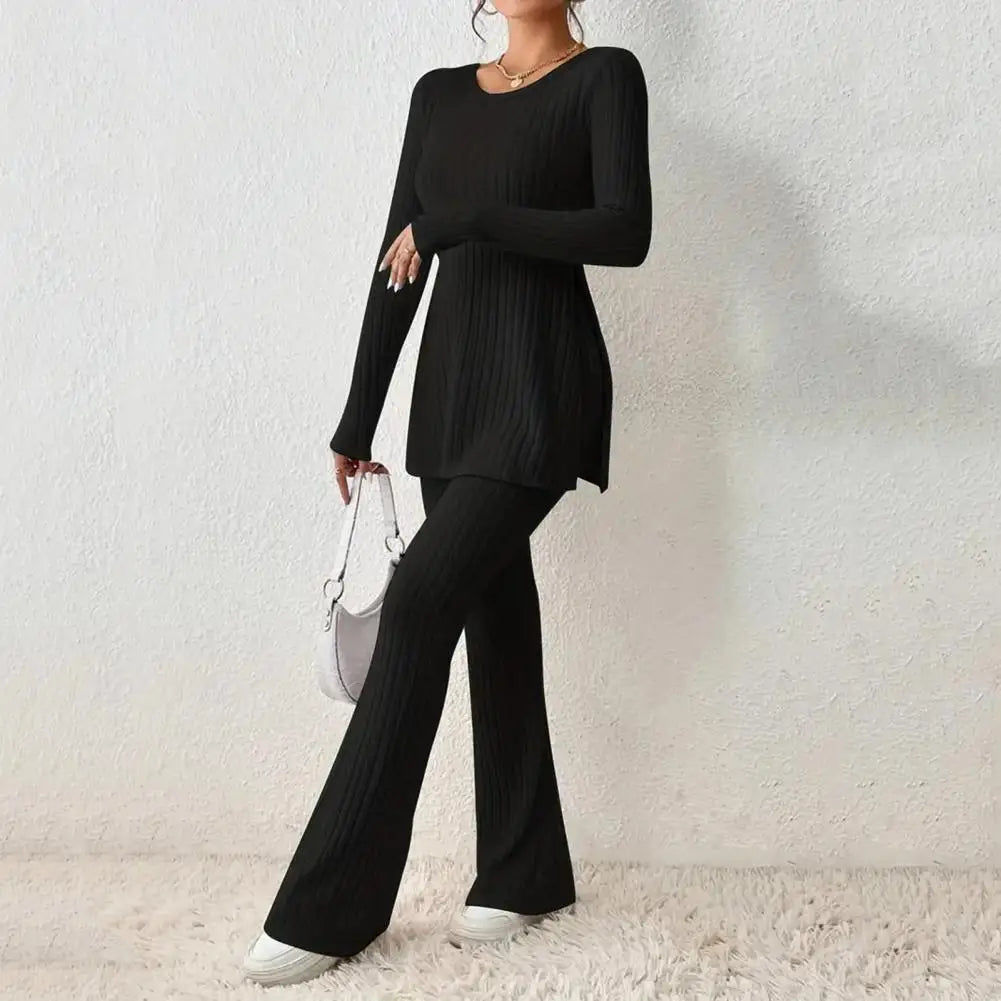 2023 Fall Winter Knitted 2 Piece Suits Women Long Sleeve Ribbed Slit Long Top and High Waist Pencil Pants Set Fashion Outfit