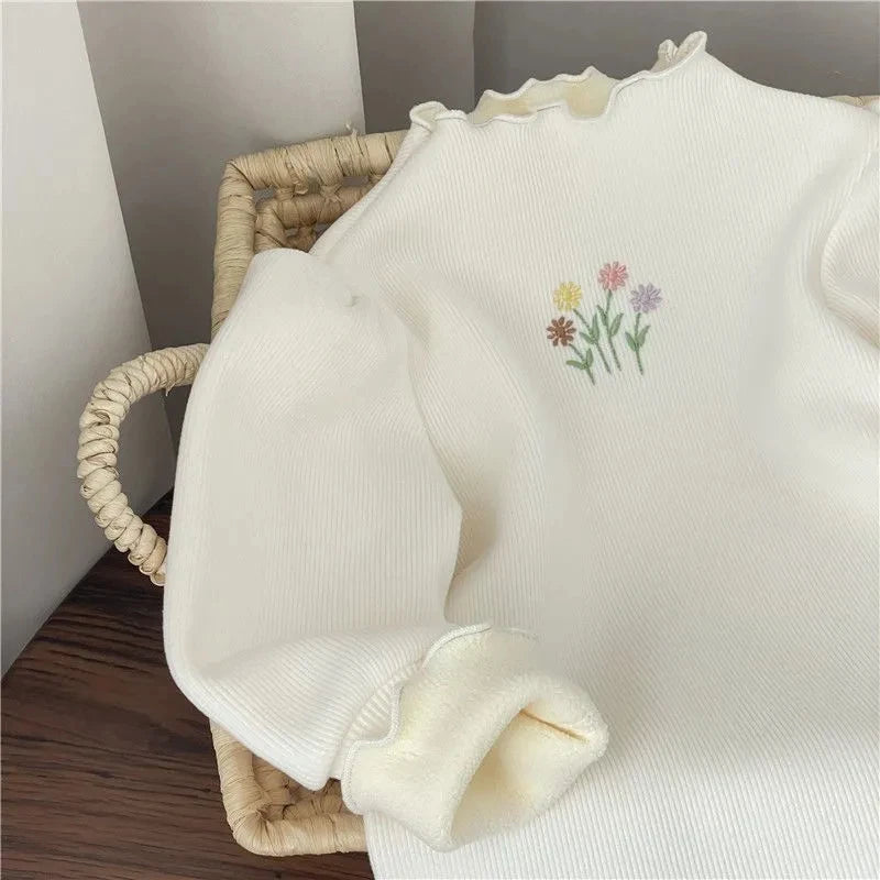 Baby Girls Top Winter Kids Warm Thickening Sweater Children Puff Sleeve Flower Embroidery Bottom Shirt 1-6 Years Casual Clothing