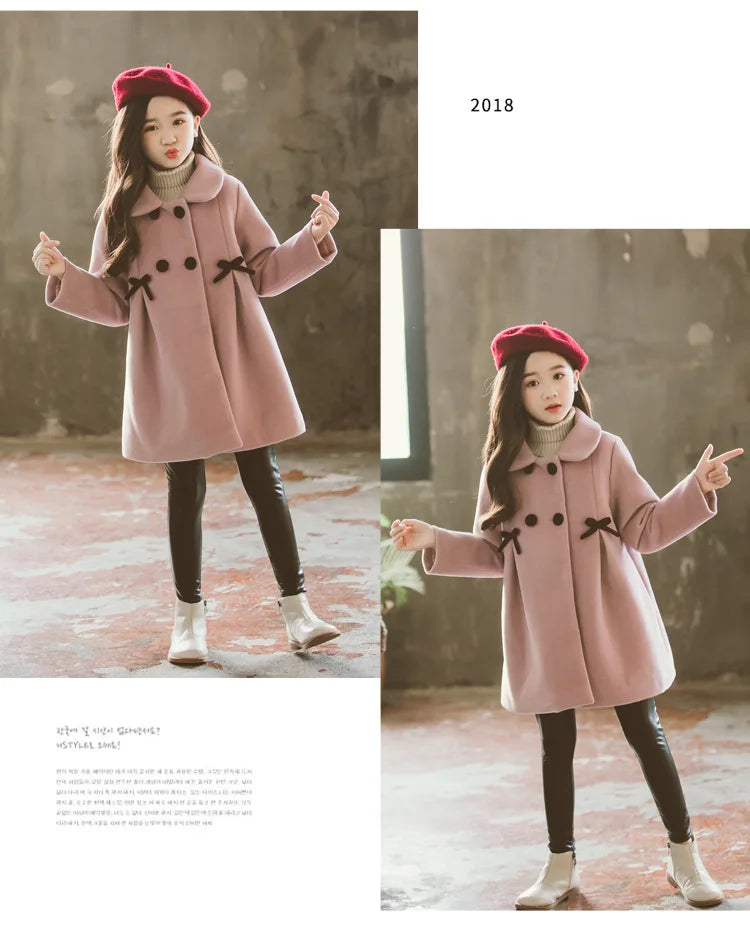 3 4 5 6 8 10 12 Years Girls Wool Coat Autumn Winter Korean Version Long Kids Jacket Double Breasted Children Outerwear Clothing