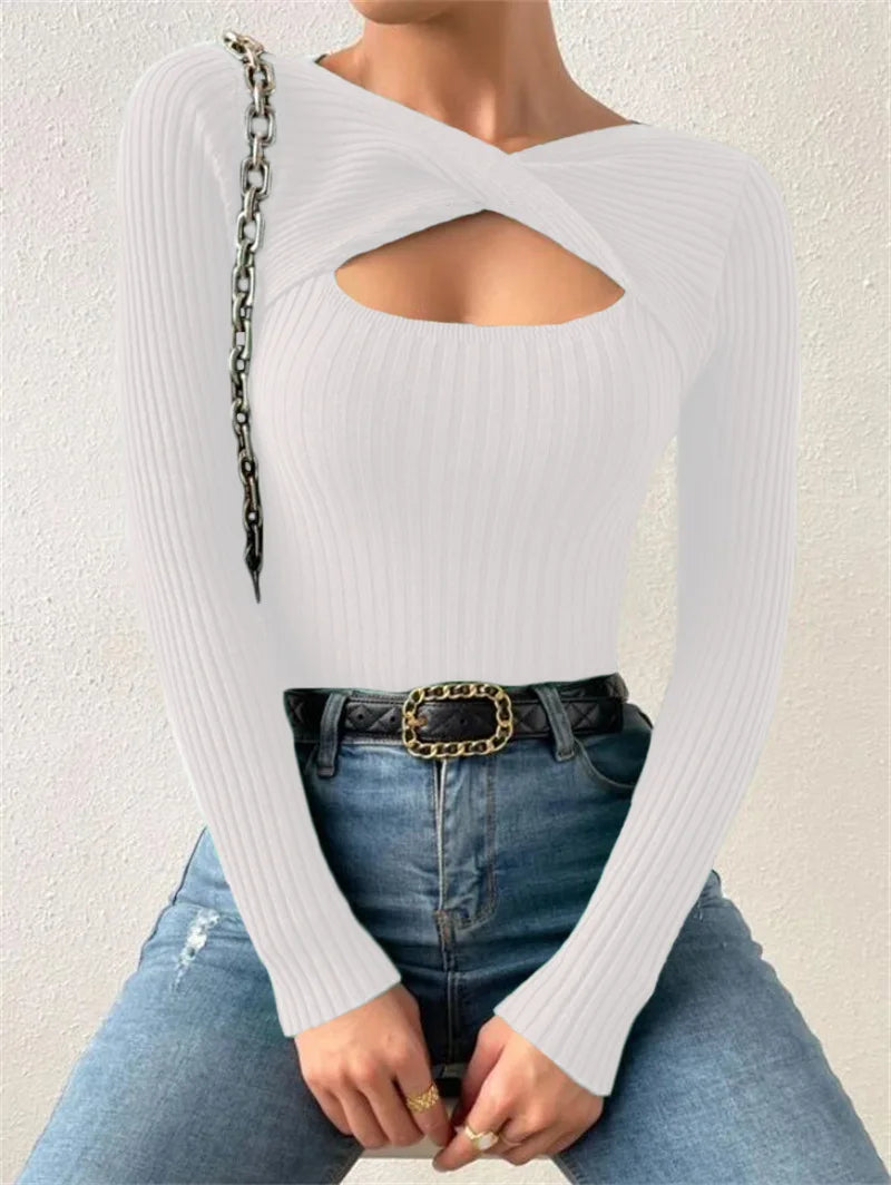 Casual Long Sleeve Hollow Out Irregular Round Neck T Shirts Basic Tee Sweater Top Lightweight Sweaters for Women Autumn