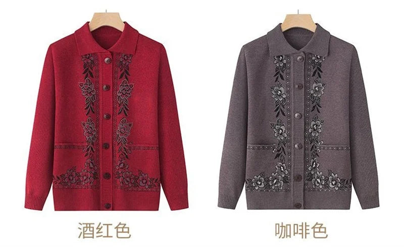 Spring Autumn Middle-Aged Elderly Women's Sweater Thin Cardigan Jackets 2023 New Casual Long Sleeve Coats Female Knitted Sweater