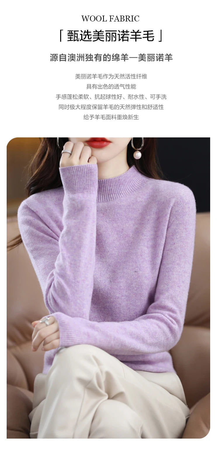 100% merino wool cashmere sweater women's sweater semi-high-necked long-sleeved pullover warm pullover in autumn and winter