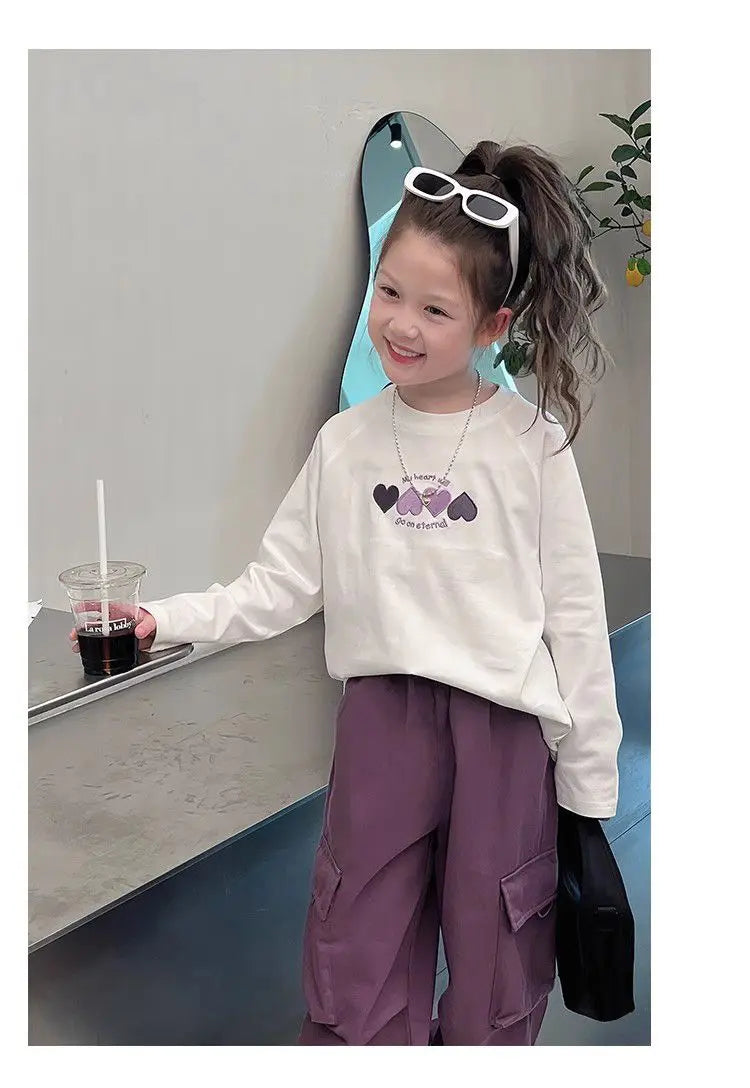 Girls Purple Casual Pants Big Children's Clothing Korean Black Cargo Long Pants Girls 2024 Spring Fashion New Cotton Trousers