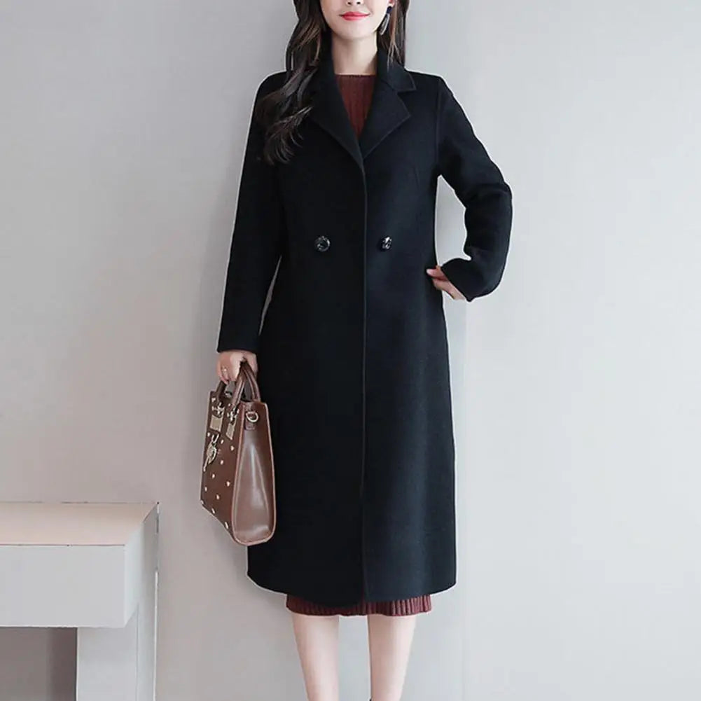 Women Woolen Coat Elegant Lapel Woolen Coat with Two Buttons Pockets for Women Stylish Mid-length Cardigan Outwear for Autumn