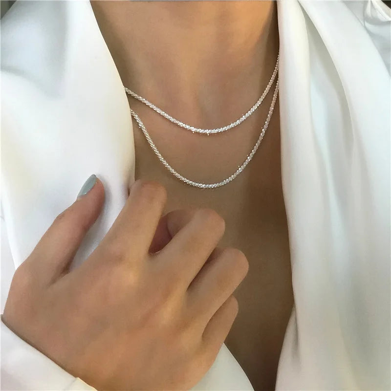 Popular Silver Colour Sparkling Clavicle Chain Choker Necklace Collar for Women Fine Jewelry Wedding Party Birthday Gift Fashion