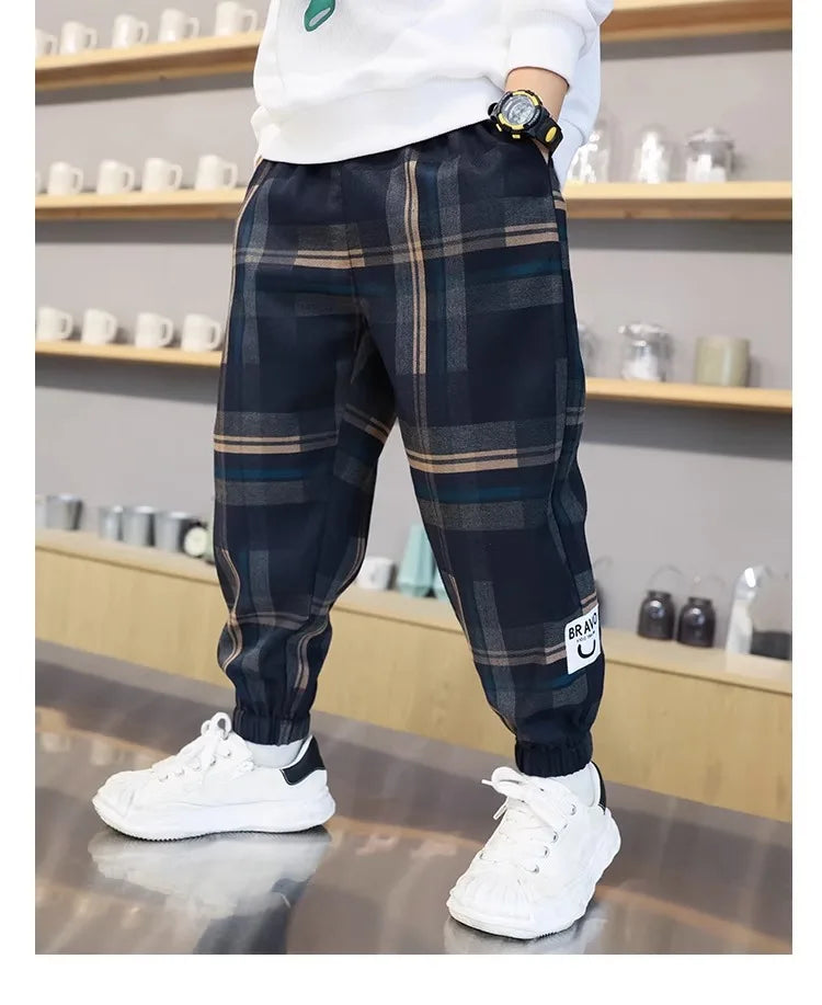 2024 Fashion Boys Cotton Plaid Pants Spring Autumn Toddler Casual Kids Loose Trousers Sweatpants for Teenage Children Clothes