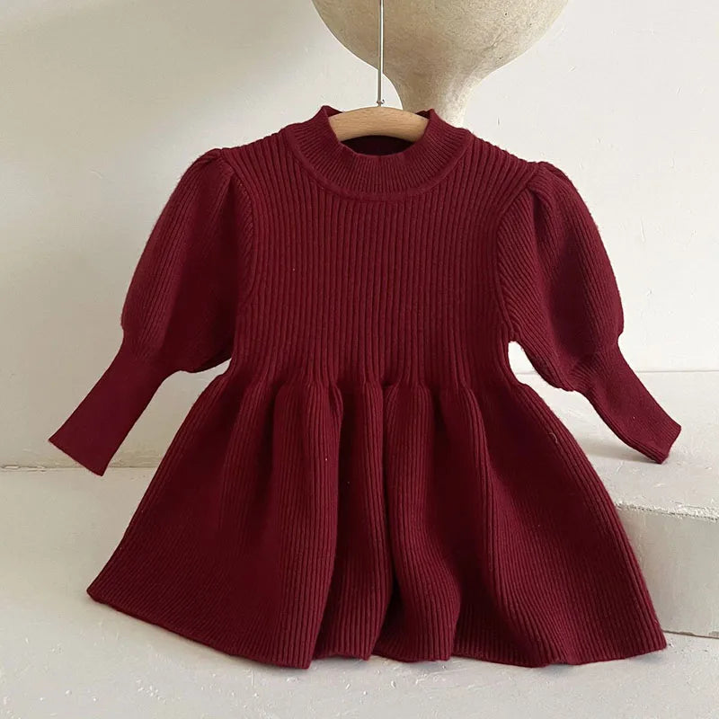 Korean Style Kids Party Dresses Long Sleeve Solid Color Knitting Dress Toddler Princess Dress Autumn Spring Children Clothing