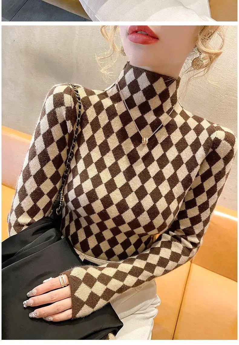 Women Clothing Fashion Elegant Mock Neck Long Sleeve Pullovers Spring Autumn Chic Slim Plaid All-match Tops Office Lady Sweaters