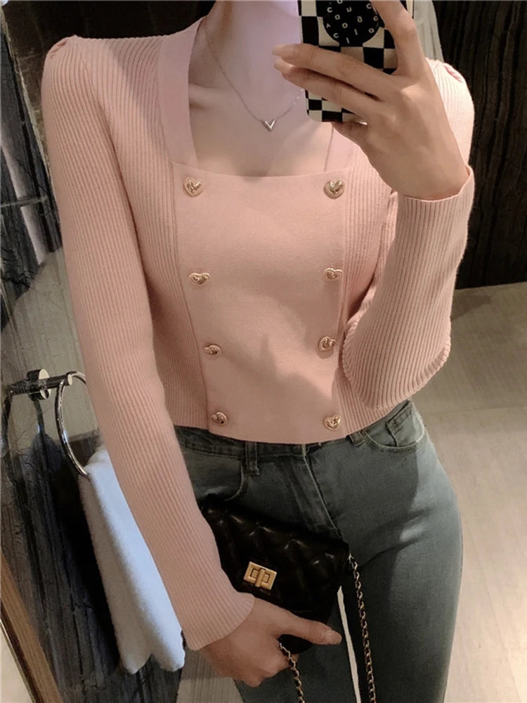 Short Square Collar Crop Top Knitted Sweater Women Korean Clothes Love Button Long Sleeve Sweaters 2022 Autumn Winter Pullover