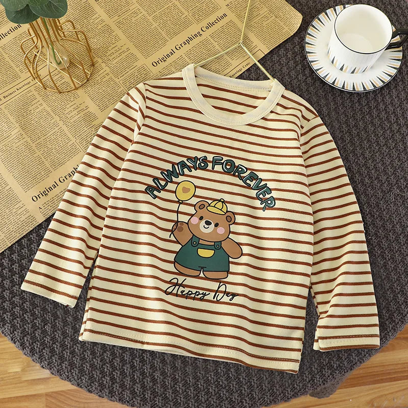 Baby Striped Shirt Autumn Winter Costume Child Boys Girls Cartoon Casual Loose Long-sleeved Tops Underwear