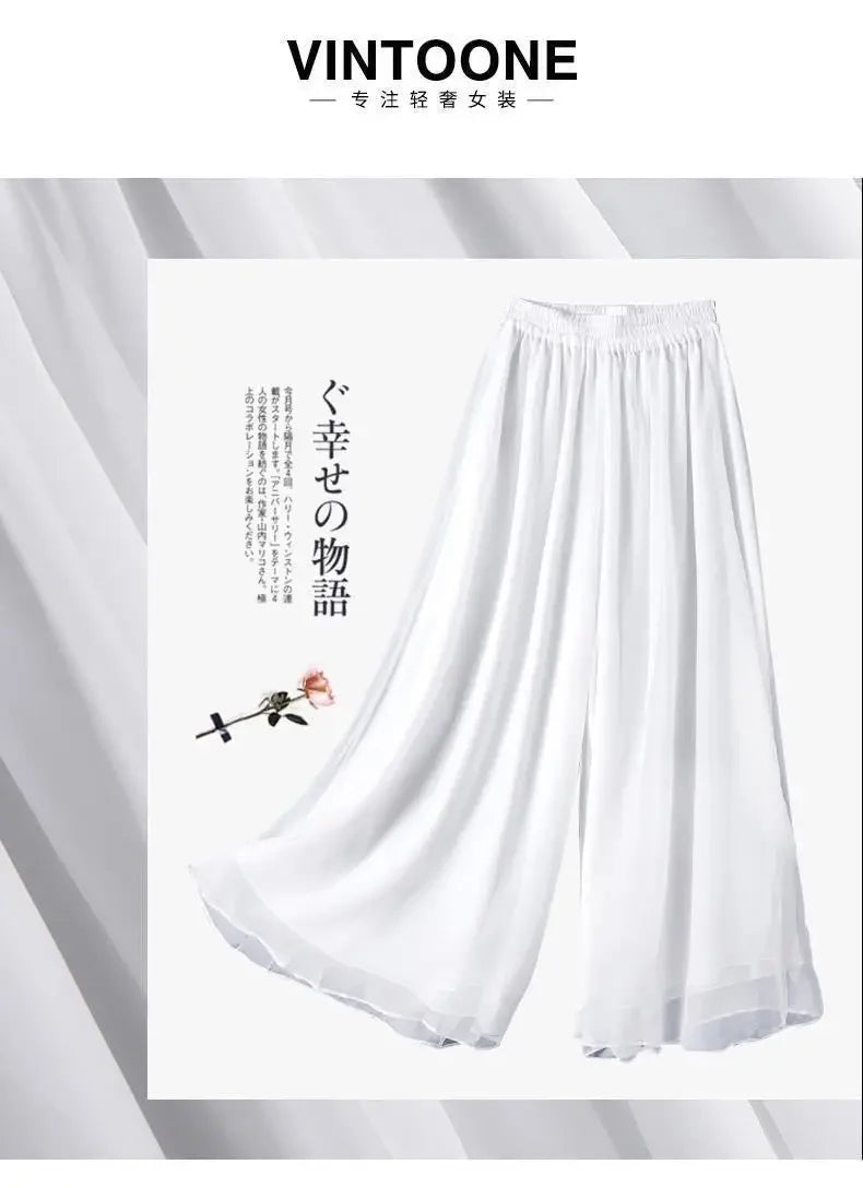 New Summer White Drape Chiffon Wide-Leg Pants Casual Chiffon Trousers Pants Women Clothing Loose High Waist Slim Skirt bd67