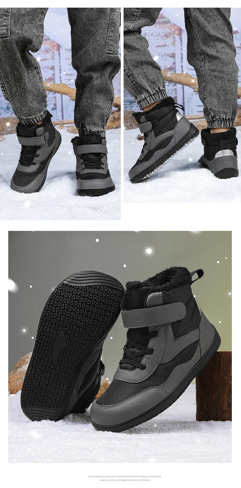 Kids Barefoot Boots Wide Width Waterproof Winter Fur Lined Shoes for Boys Girls Cold Weather Children Outdoor Fashion Sneakers