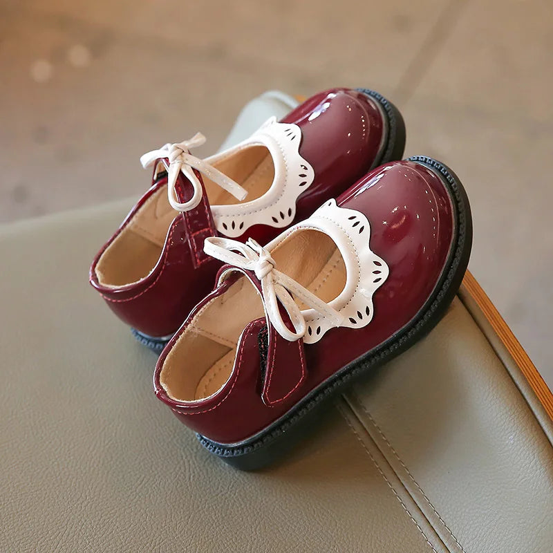 Autumn Girl's Mary Janes Ruffles Bowtie Black Wine Red Kids Leather Shoes Shallow Lovely Cute Flexiable Children Flat Shoe 21-35