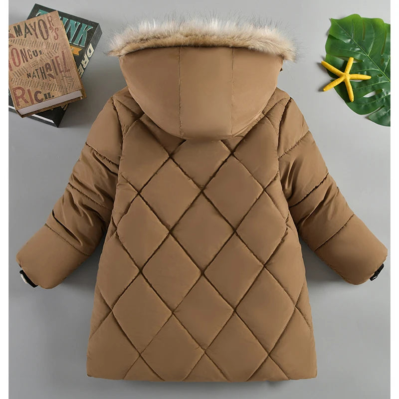 2024 Winter New Boys Jacket Solid Color Lining Plush Keep Warm Fur Collar Hooded Zipper Outerwear For 4-10Y Teen Kids Snowsuit