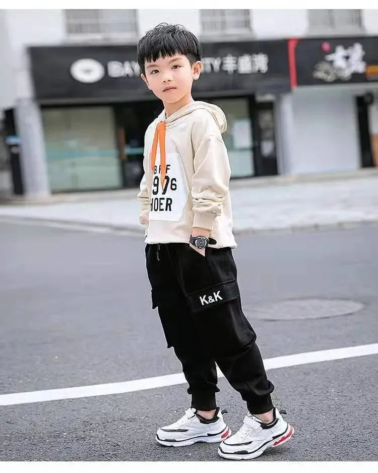 2024 Autumn Boys Pants Letter Print Cotton Sweatpants Casual Korean Cargo Pants Fashion Teenage Kids Sport Multi-pocket Pants