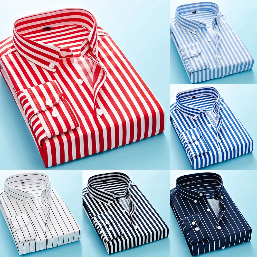 Mens Casual Striped Long Sleeve Band Collar Button Down Formal Shirt Dress Up Shirts