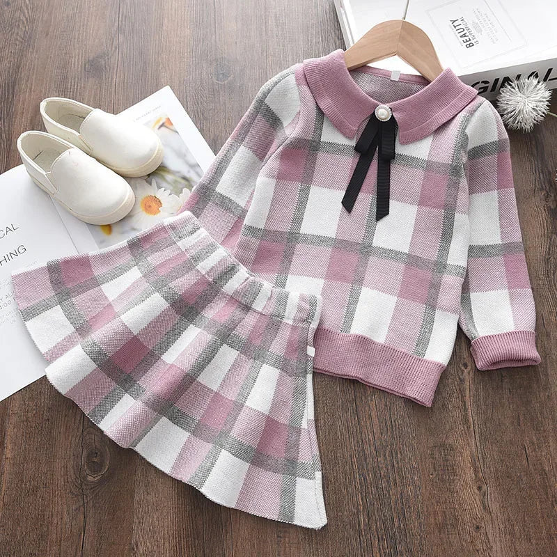 Bear Leader Winter Princess Outfits Girls Plaid Cute Clothing Sets Fashion Kids Baby Knitted Sweaters with Bow Ruffles Skirt