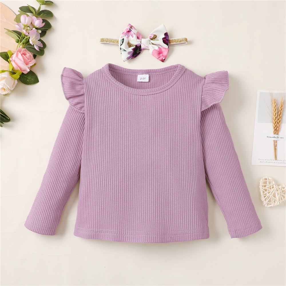 1-5Years Kids Girl Long Sleeve Clothes Set Solid Color Ribbed Shirt+Floral Pants+Headband Autumn 3PCS Outfit for Toddler Girl