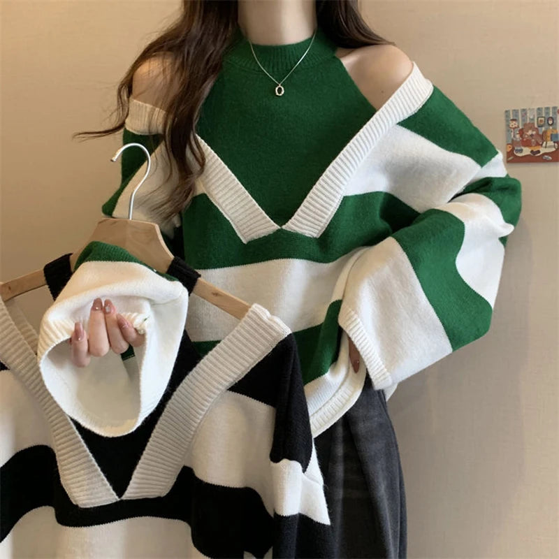 Y2K Stripe Halter Women Sweaters Korean Knitted Loose Patchwork Female Pullovers Autumn Preppy Style All Match Chic Ladies Tops