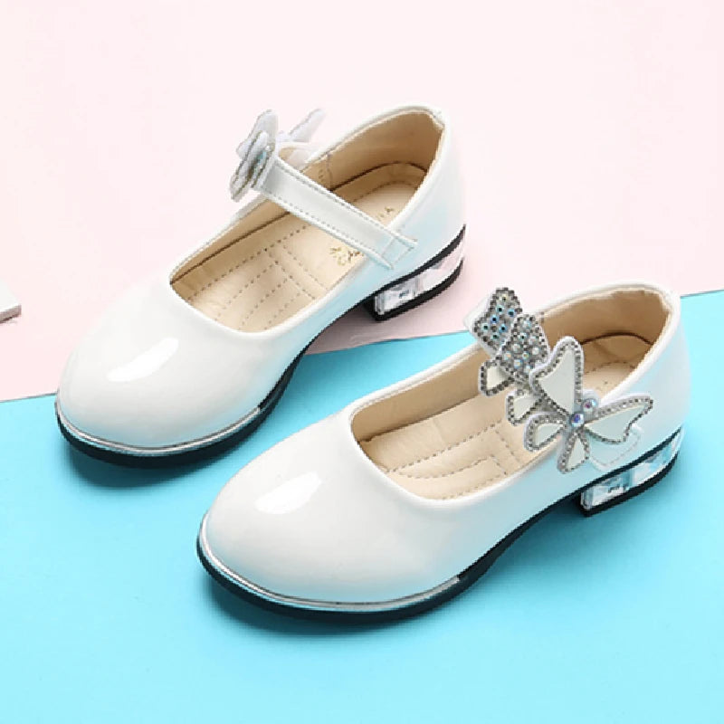 Girls Leather Shoes 2023 Spring Summer PU Patent Leather Kids Dress Shoes High Heels Butterfly-knot Dress Shoes for Wedding Chic