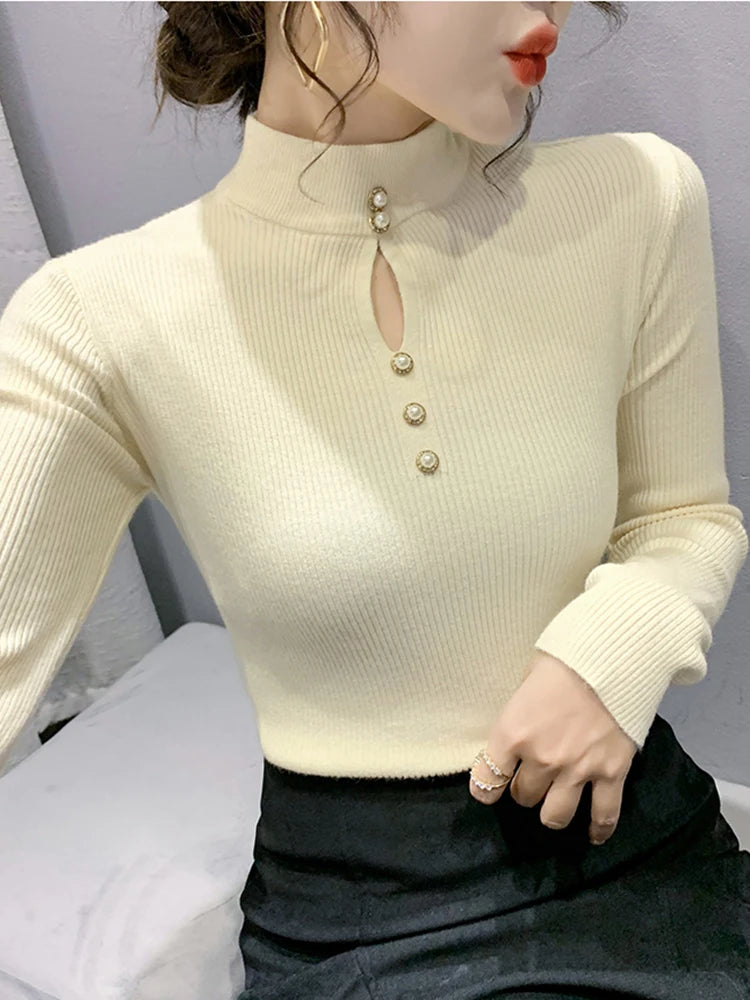 Autumn Winter Pullovers Women Hollow-out Sweaters Long Sleeve Half High Collar Sweater Female Slim Korean Knitwears Tops 2024