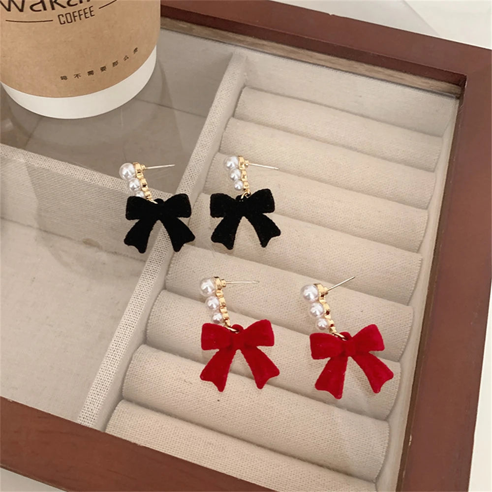 Red Black Bowtie Earrings for Women Girls Simulated Pearl Cloth Bow Tie Earrings Jewelry Ear Accessories Beautiful Gifts