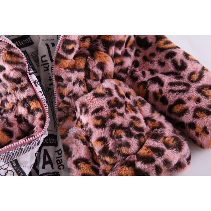 Autumn Winter Plush Baby Girls Jacket Fashion Leopard Print Warm Faux Fur Coat For Girls Hooded Outerwear 2-8 Years Kids Clothes