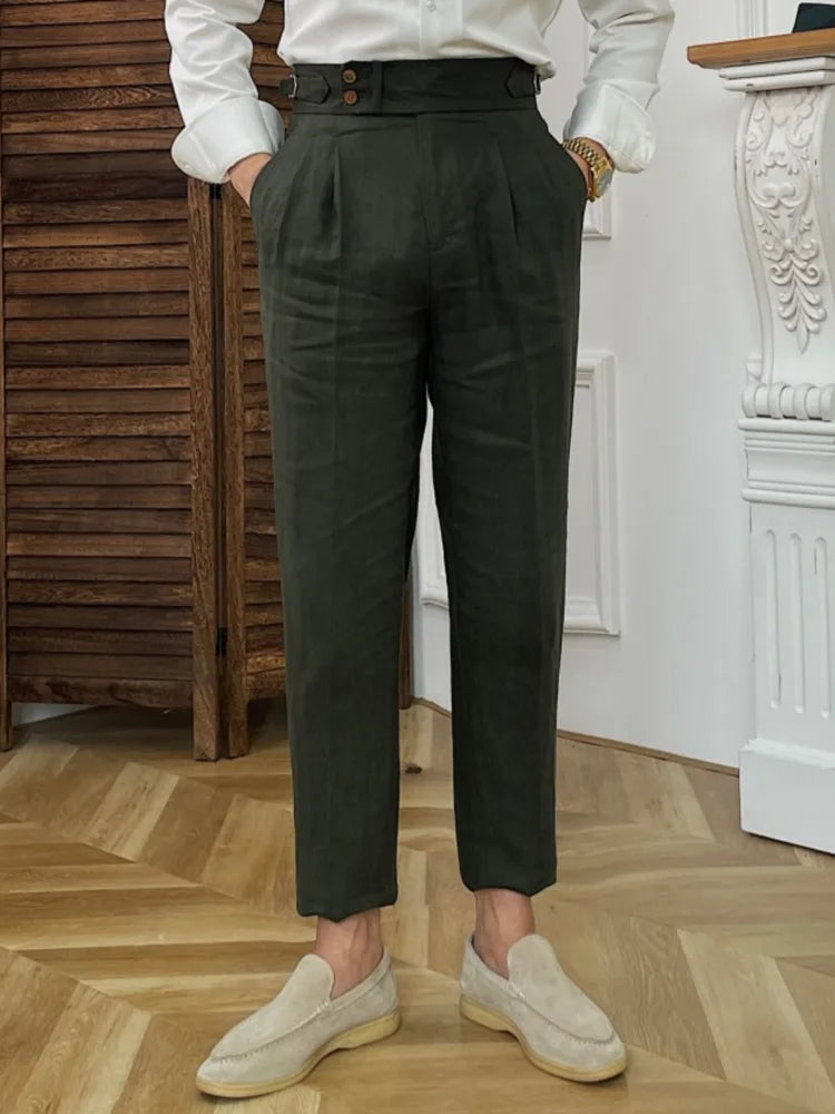 Linen Straight Leg Pant Naples High Waist Suits Retro Casual Pant British High Waist Pants Office-trouser Men Dress Pant Trouser