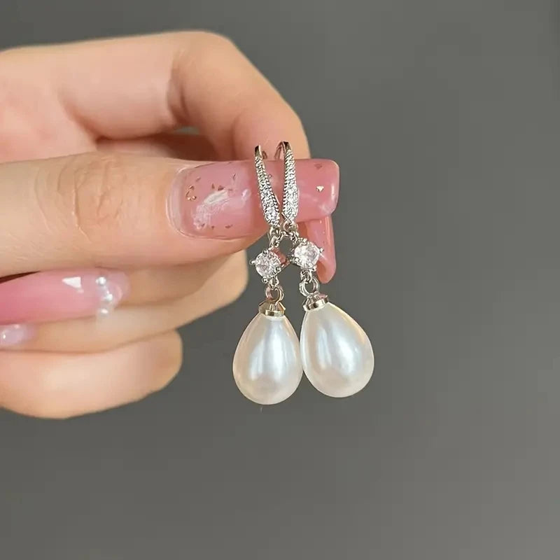 Fashion Water Drop Pearl Zircon Dangle Earrings for Women Bridesmaid Wedding Jewelry